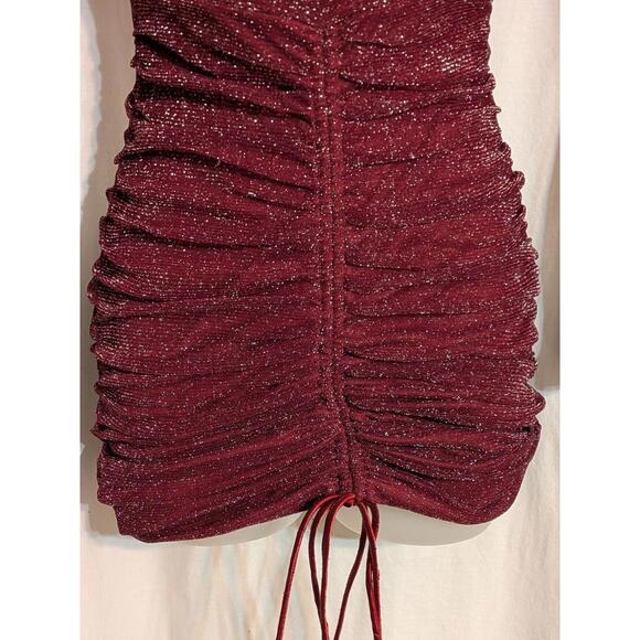 Showpo Burgundy Glitter Ruched Bodycon Mini Dress W/ Sheer Long Sleeves Sz 2 - Picture 7 of 9